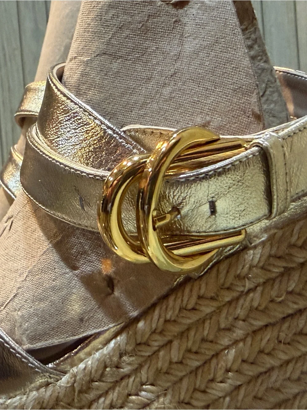 New Stuart Weitzman Metallic Gold Wedge Sandals with Espadrille Platform 10 - Picture 6 of 13